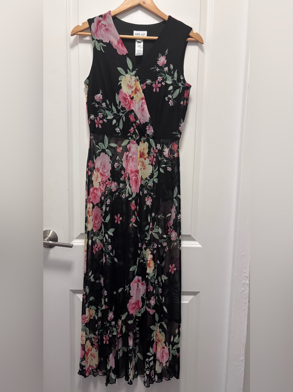 Sleeveless Black Floral Maxi Dress with Pink & Yellow Blooms